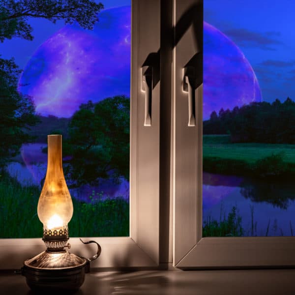 night landscape outside the window moon old lamp windowsill